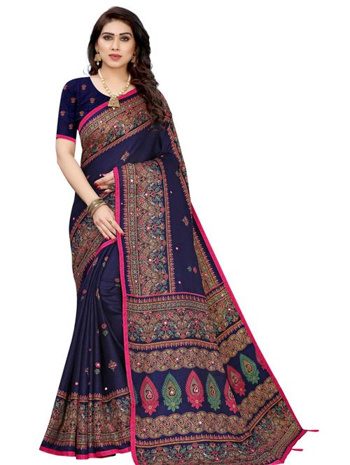 dark blue printed pochampalli saree with blouse - 19600518 - Standard Image - 0