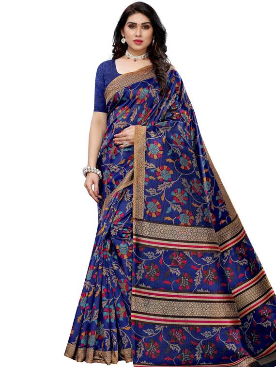dark blue self design printed saree with blouse - 19600654 - Zoom Image - 0