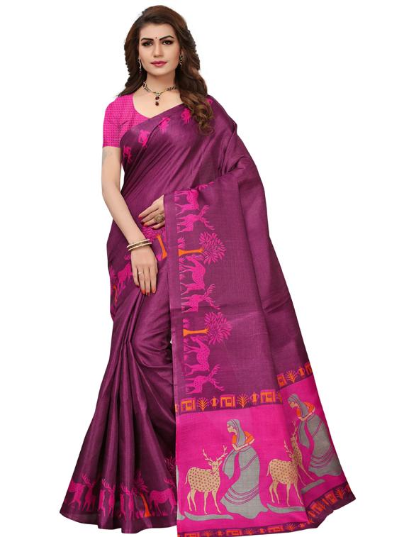 purple self design printed saree with blouse - 19600679 -  Zoom Image - 0