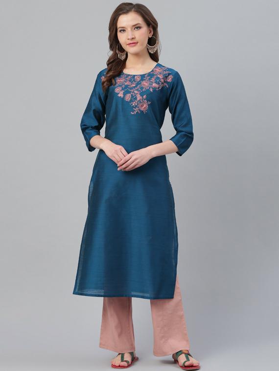 teal self design straight kurta - 19600905 - Zoom Image - 0