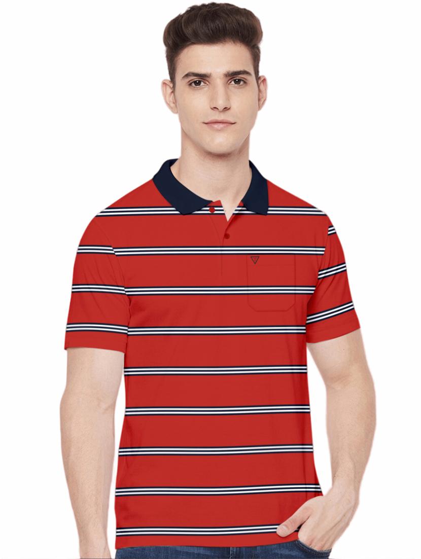 red with white black stripes cotton polo t-shirt - 19601340 - Zoom Image - 0