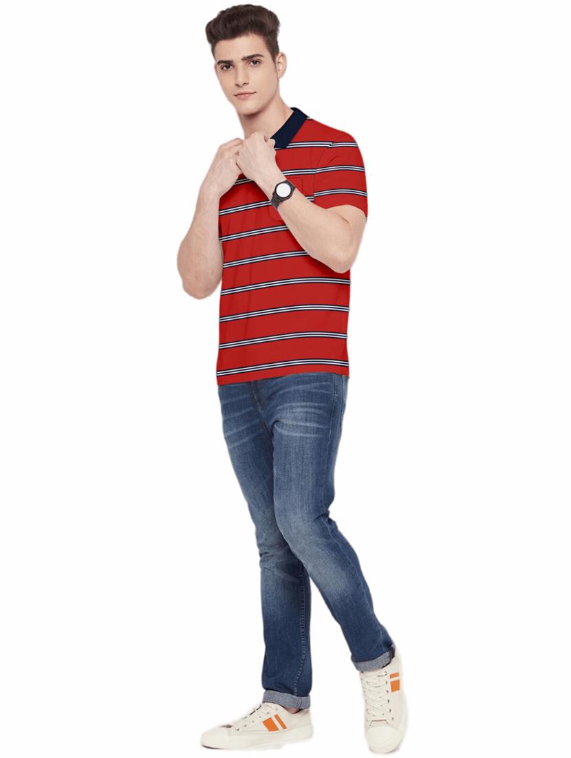 red with white black stripes cotton polo t-shirt - 19601340 - Standard Image - 3