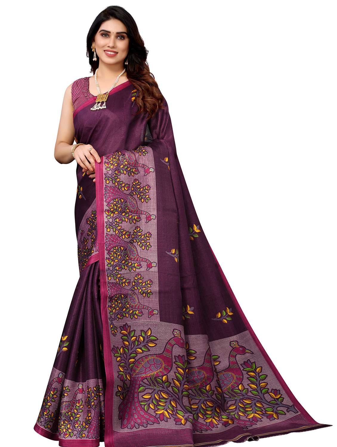 peacock motif printed saree with blouse