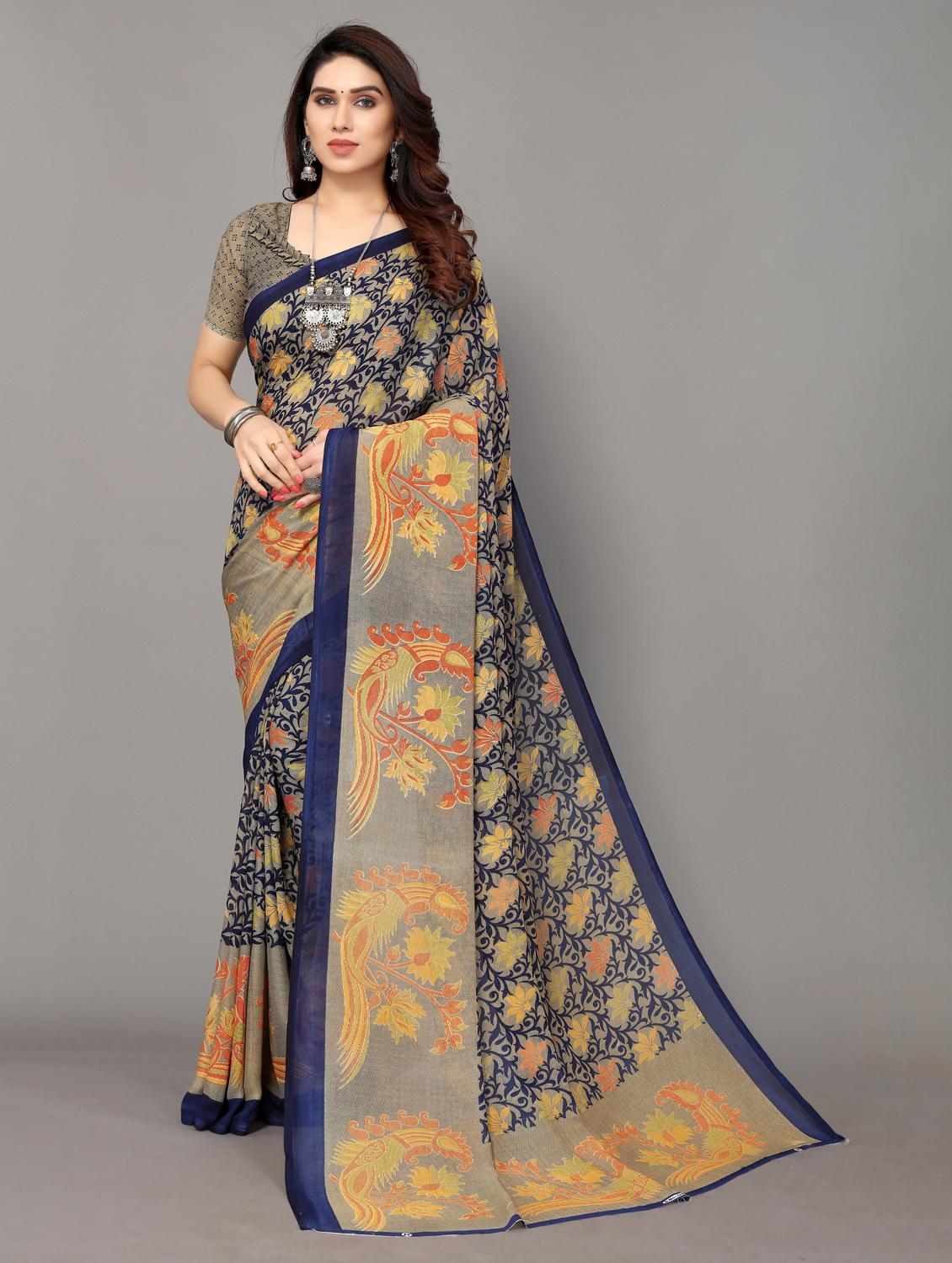dark blue printed saree with blouse - 19602781 -  Zoom Image - 0