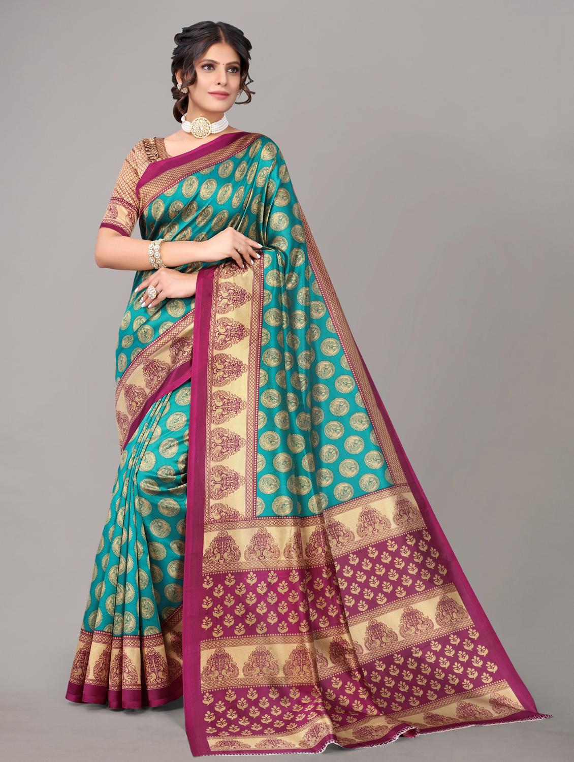 turquoise self design woven saree with blouse - 19603001 - Zoom Image - 0