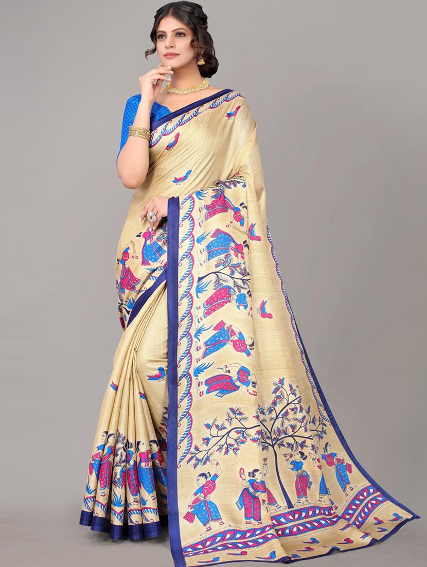 cream printed saree with blouse - 19603026 -  Zoom Image - 0