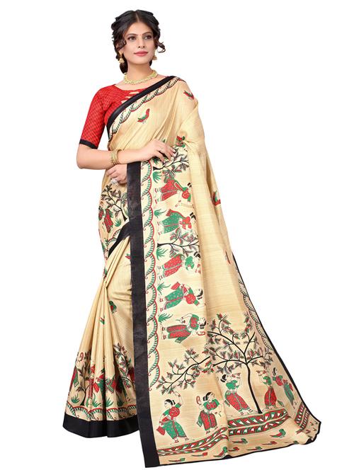 cream printed saree with blouse - 19603037 - Standard Image - 0