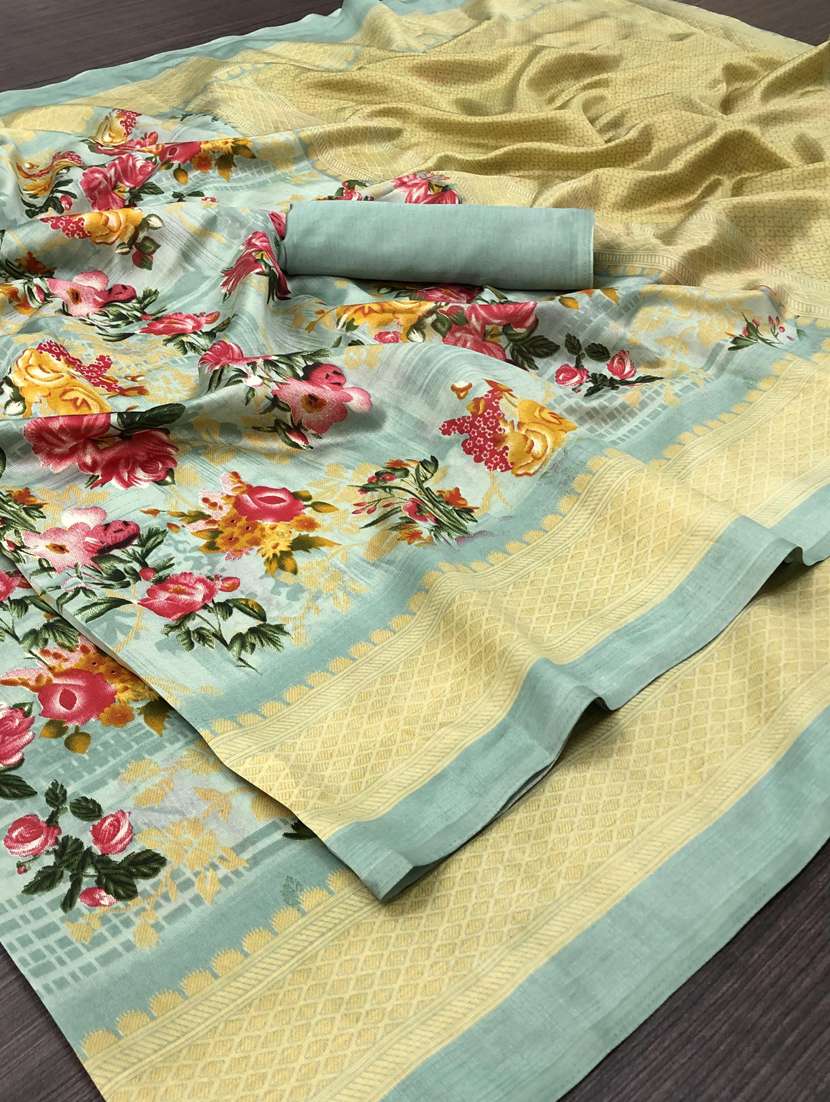 light blue printed saree with blouse - 19603103 - Standard Image - 3