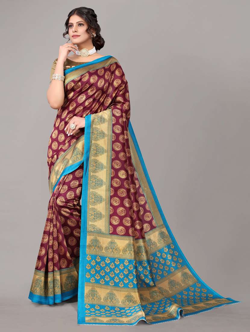 contrast printed woven saree with blouse