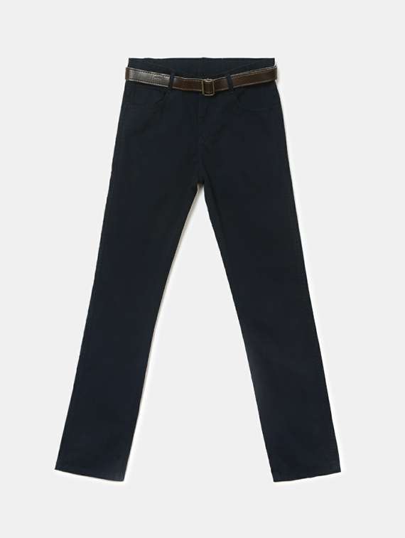boys mid rise navy blue solid trousers