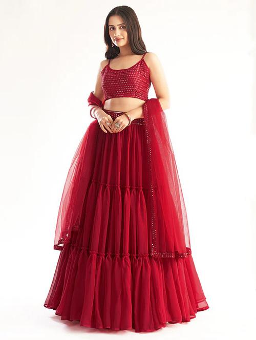 red flared semi-stitched lehenga - 19607927 - Standard Image - 0