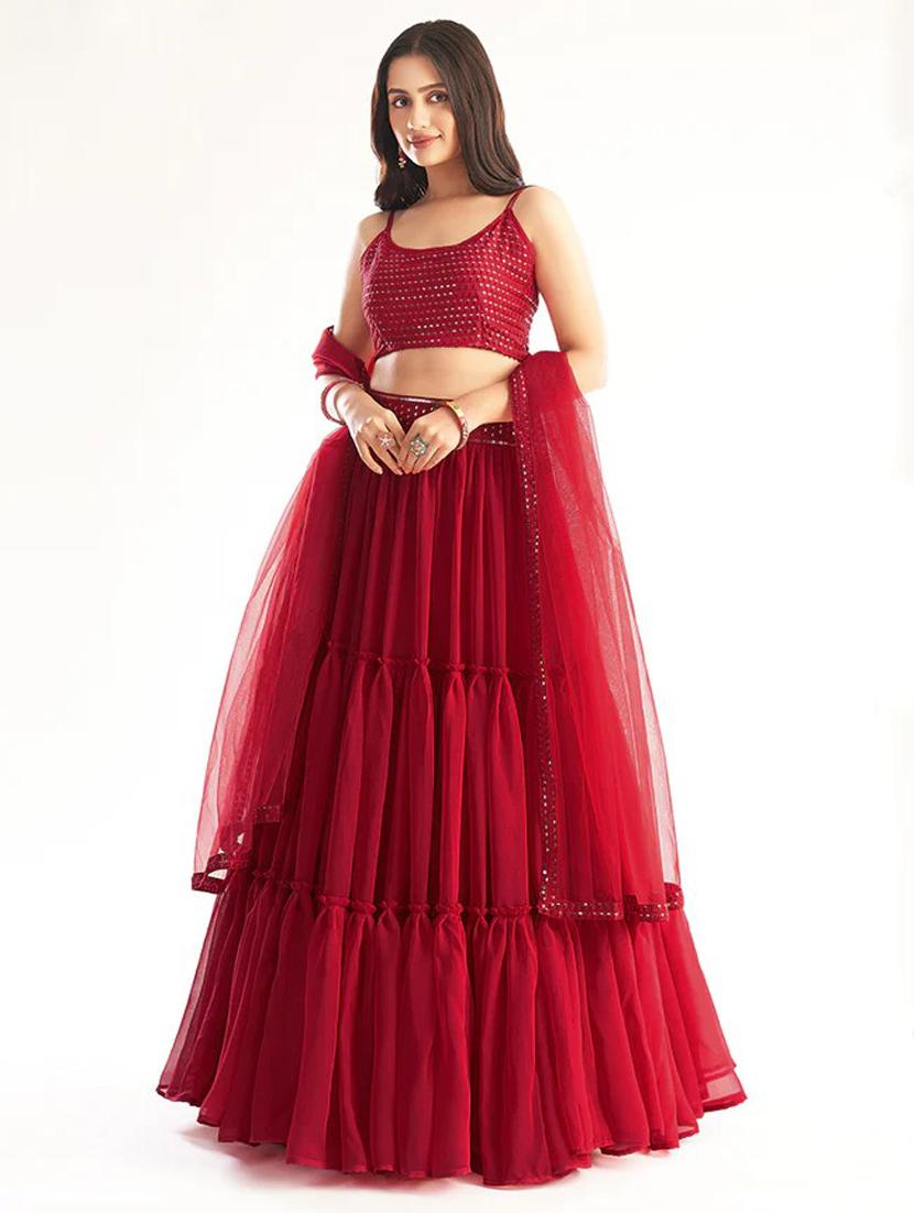 red flared semi-stitched lehenga - 19607927 - Zoom Image - 0