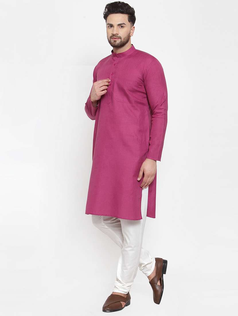mandarin collar solid cotton kurta - 19608007 -  Standard Image - 3