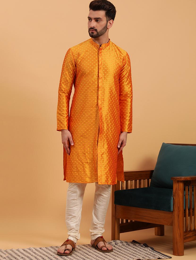 men self design mandarin neck long kurta