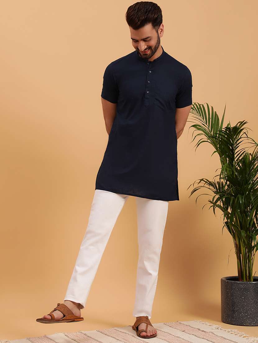 men solid mandarin neck short kurta - 19608214 -  Standard Image - 3