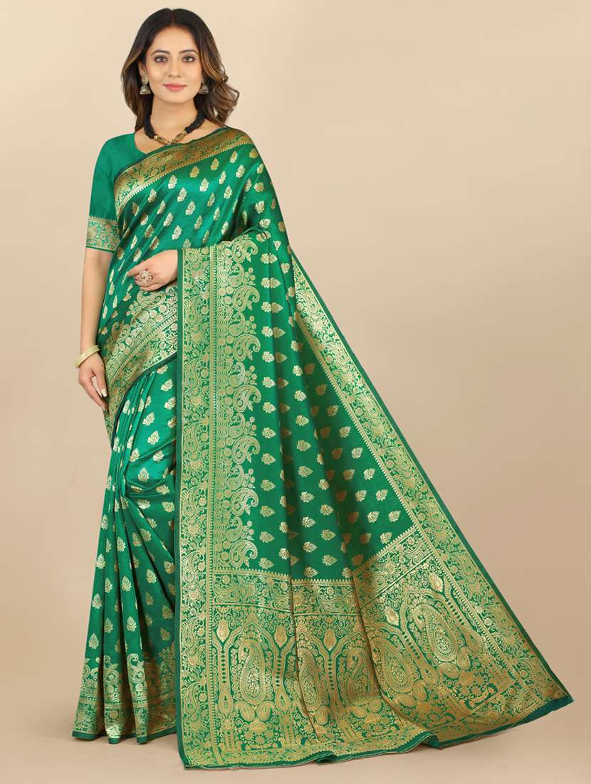 green jacquard banarasi saree with blouse - 19608913 -  Zoom Image - 0