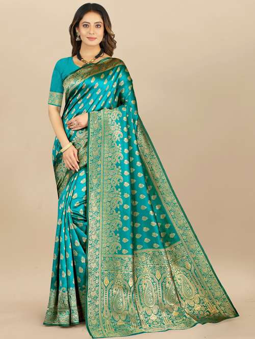 turquoise jacquard banarasi saree with blouse - 19608916 -  Standard Image - 0