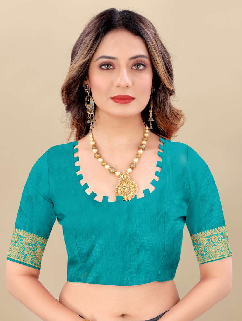 turquoise jacquard banarasi saree with blouse - 19608916 - Standard Image - 5
