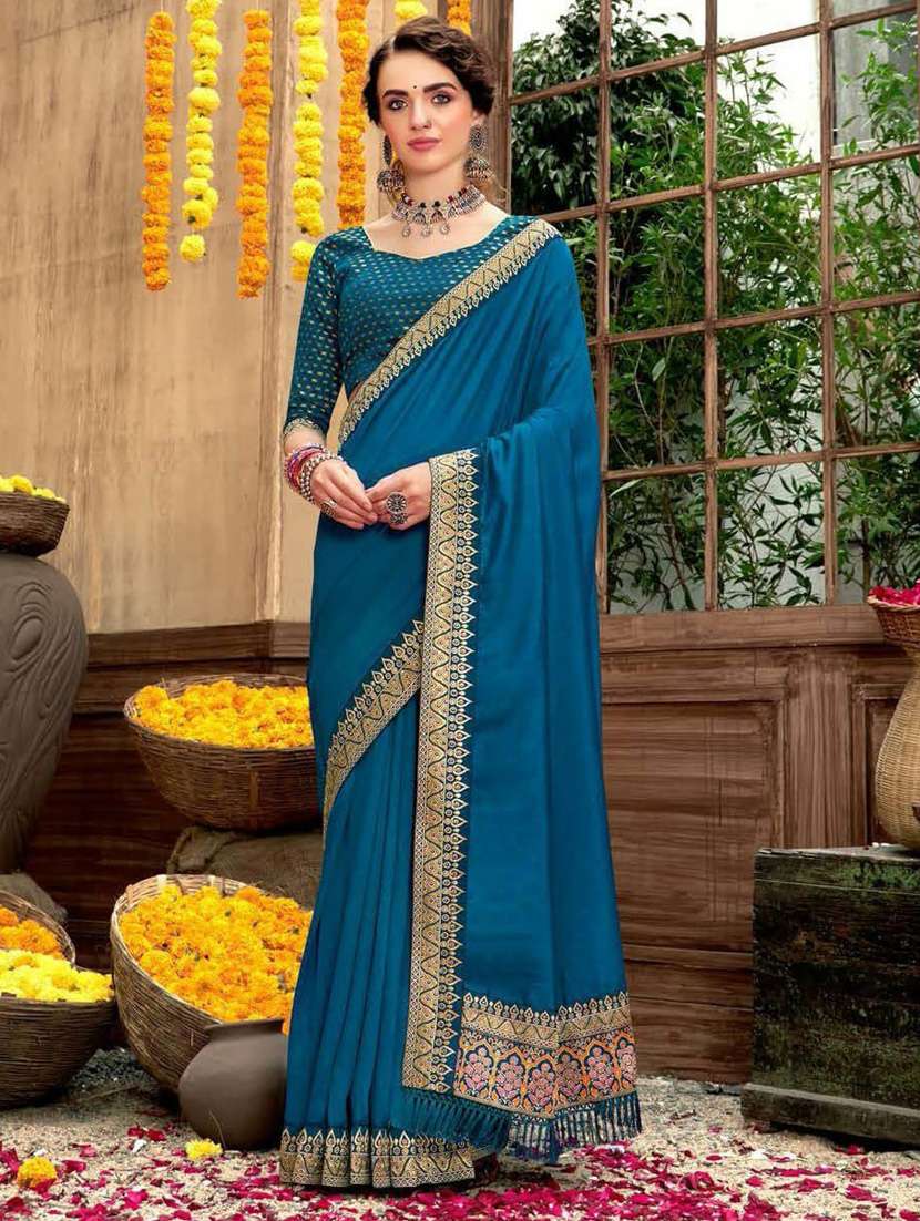 blue solid bordered saree with blouse - 19616423 -  Zoom Image - 0