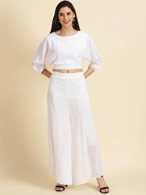 round neck solid top and palazzos set co-ord - 19620564 - Standard Image - 0