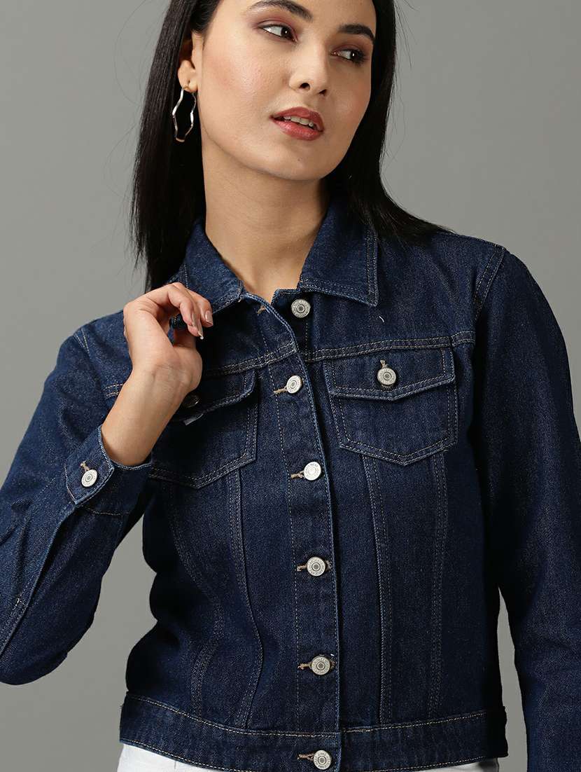 spread collar solid denim jacket - 19621797 -  Standard Image - 5