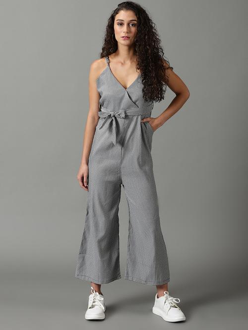 v neck check printed 3/4 jumpsuit - 19621850 - Standard Image - 0
