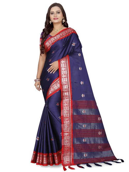 women's self design navy blue colored saree with blouse - 19630318 - Standard Image - 0