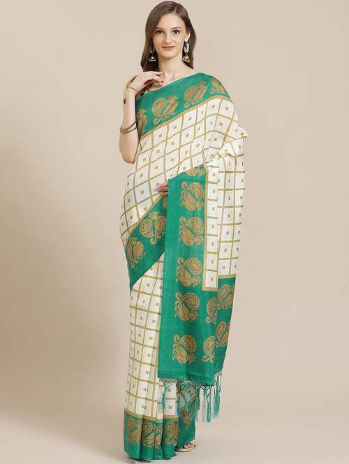 women's checks off white colored saree with blouse - 19630785 -  Standard Image - 0