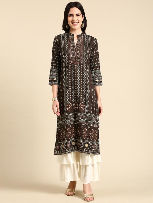 women brown printed mandarin neck kurta palazzo set - 19631388 - Standard Image - 0