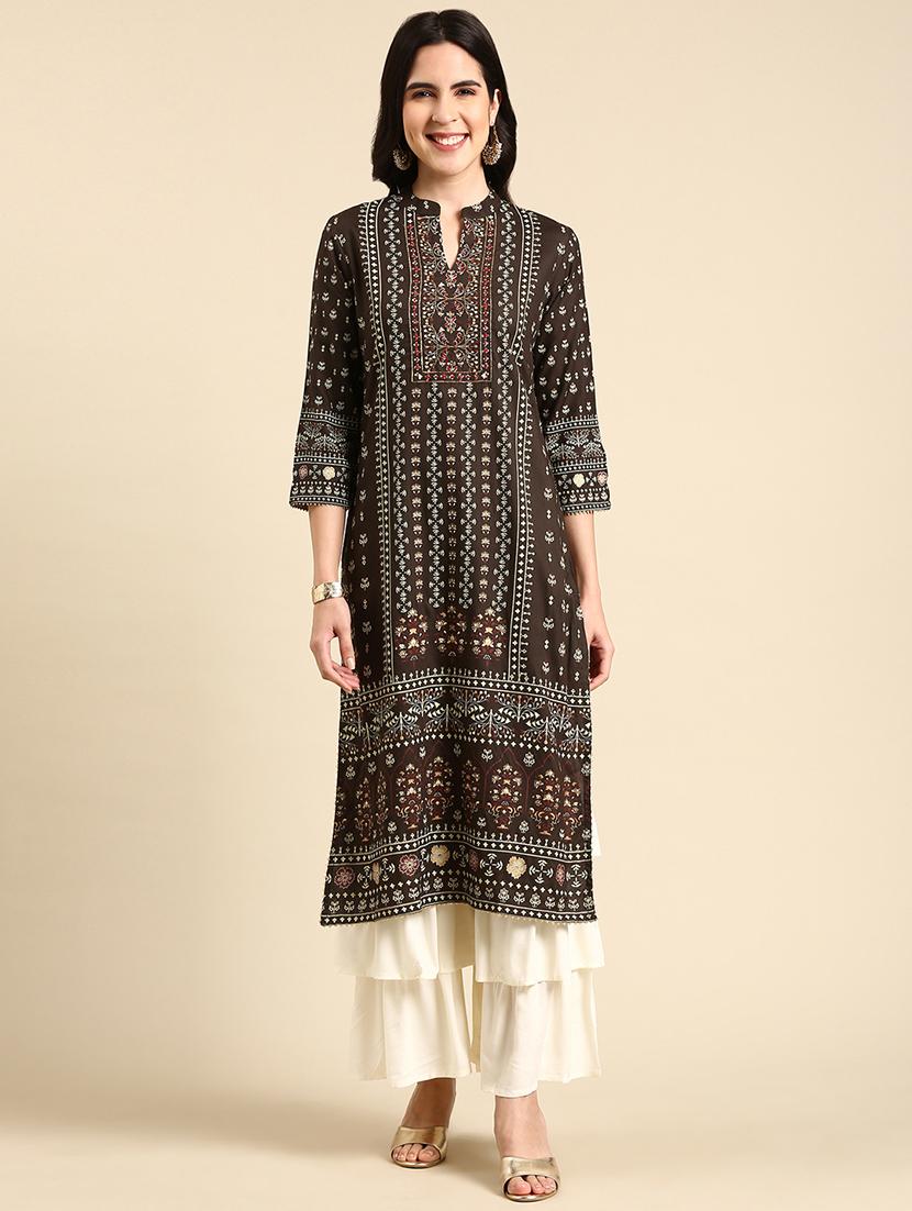 women brown printed mandarin neck kurta palazzo set - 19631388 - Zoom Image - 0