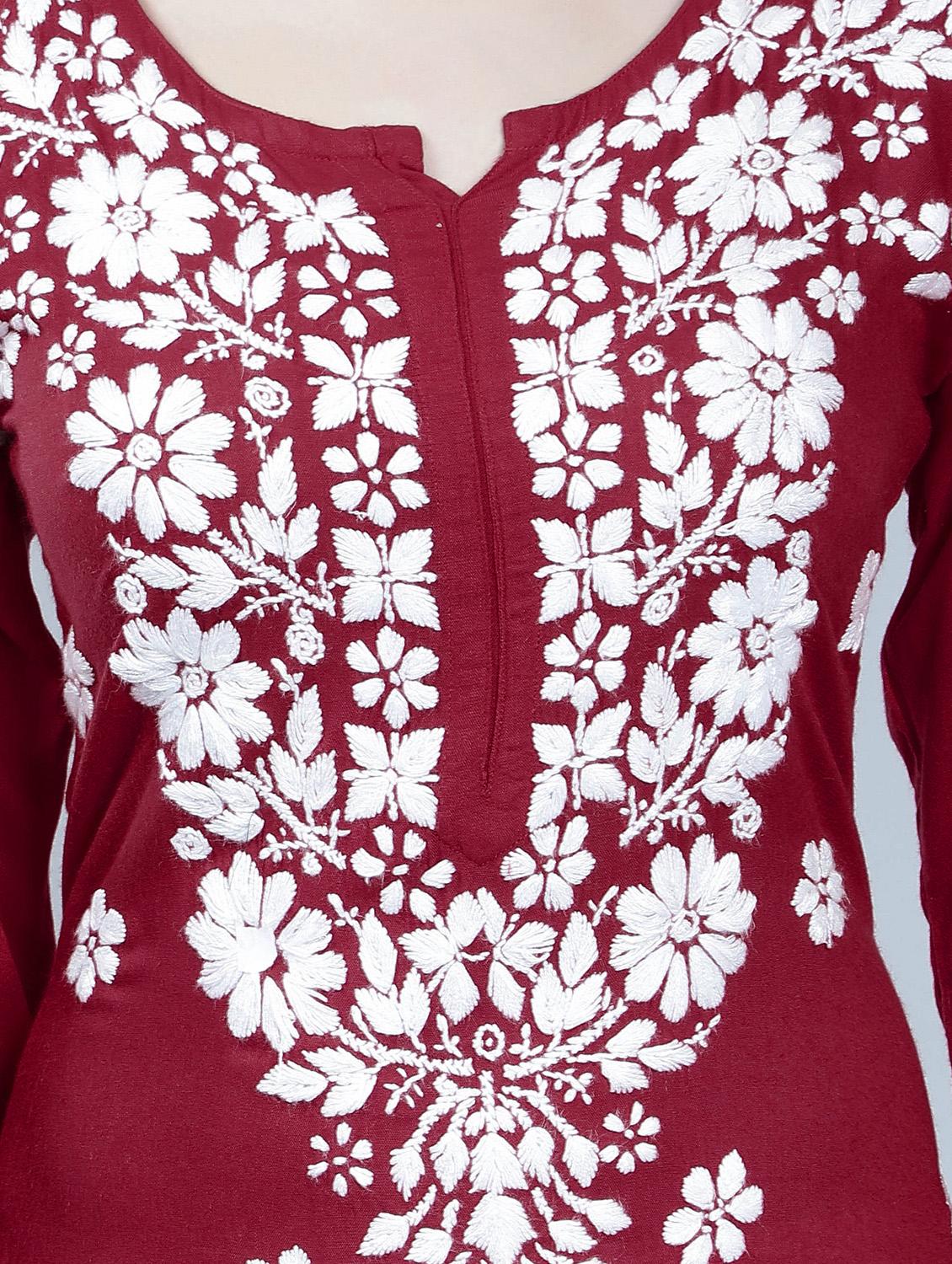 maroon rayon chikankari straight kurta - 19631869 - Standard Image - 3
