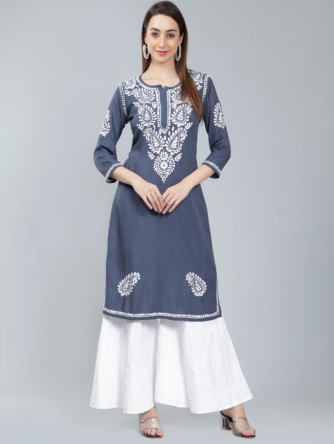 grey chikankari straight kurta - 19631897 -  Zoom Image - 0