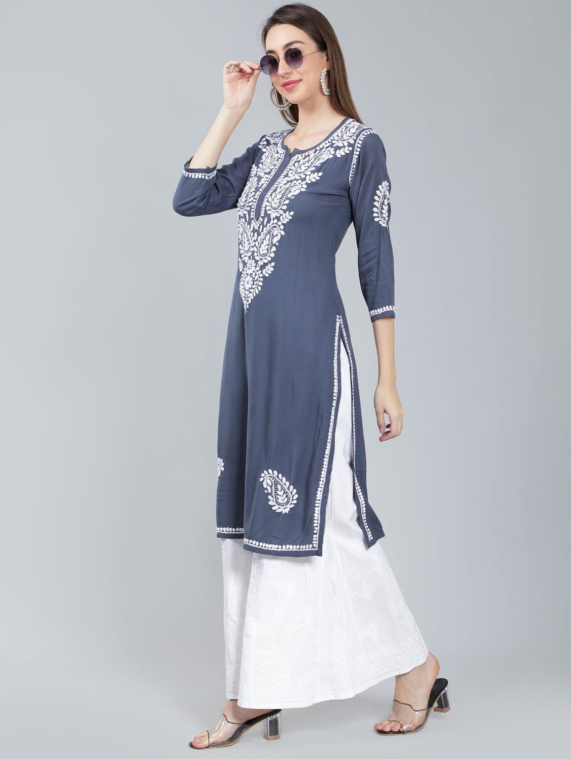 grey chikankari straight kurta - 19631897 - Standard Image - 3