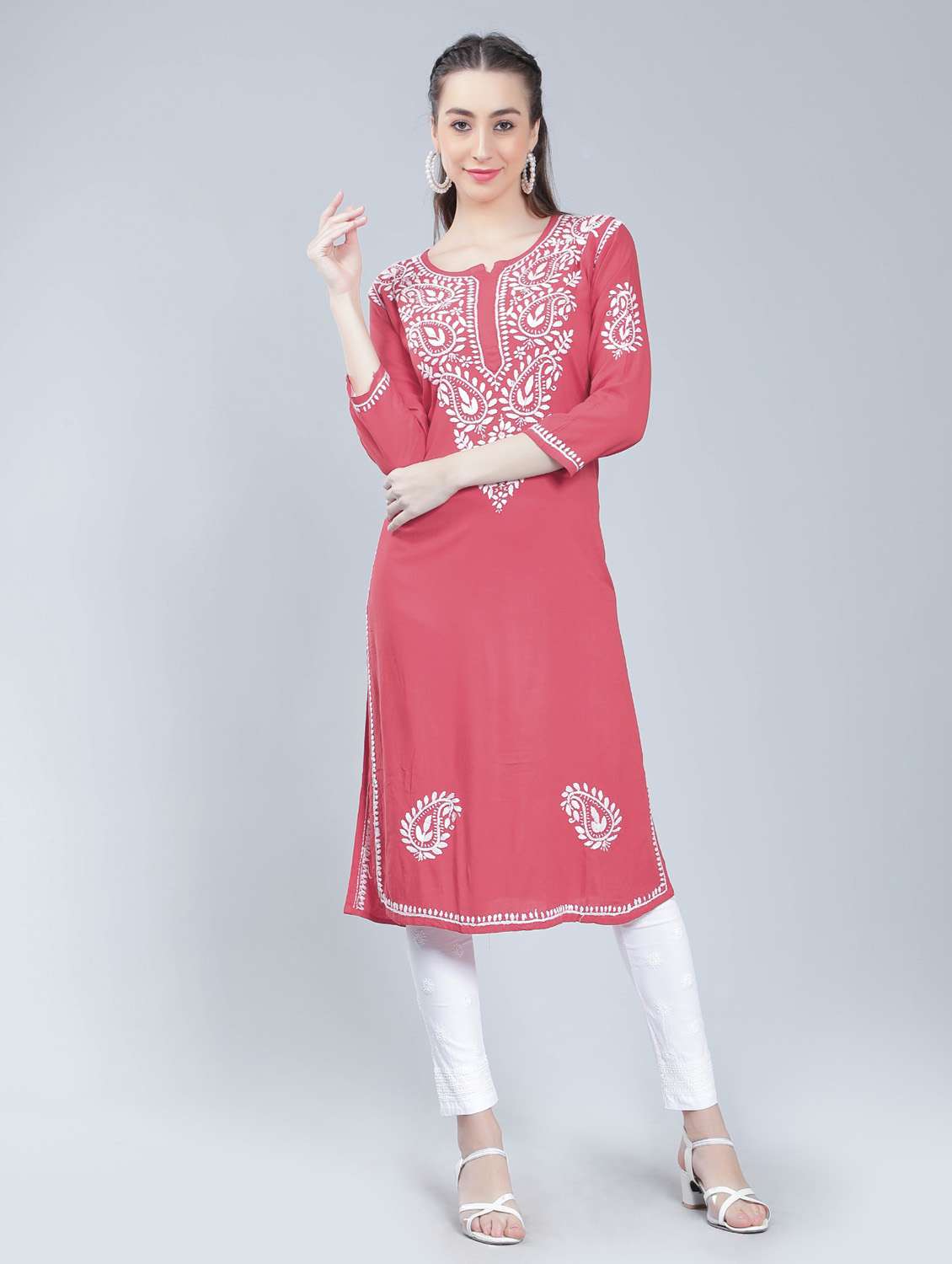 notch neck chikankari straight kurta - 19631900 -  Zoom Image - 0