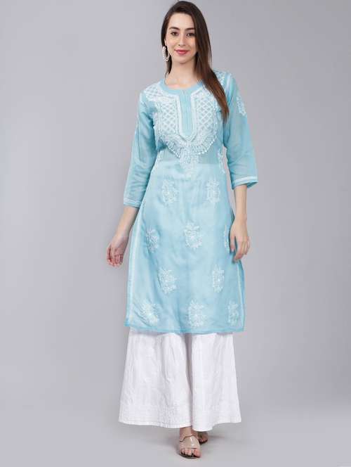blue chikankari straight kurta - 19631909 -  Standard Image - 0