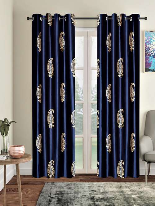 home sizzler 2 pieces hand block gold paisley printed eyelet polyester door curtains-7 feet, blue - 19643296 -  Standard Image - 0
