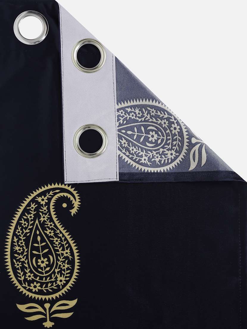 home sizzler 2 pieces hand block gold paisley printed eyelet polyester door curtains-7 feet, blue - 19643296 - Standard Image - 3