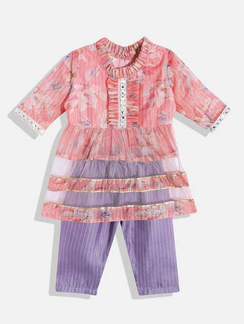 round pleated neck kurta pant set - 19646482 - Standard Image - 0