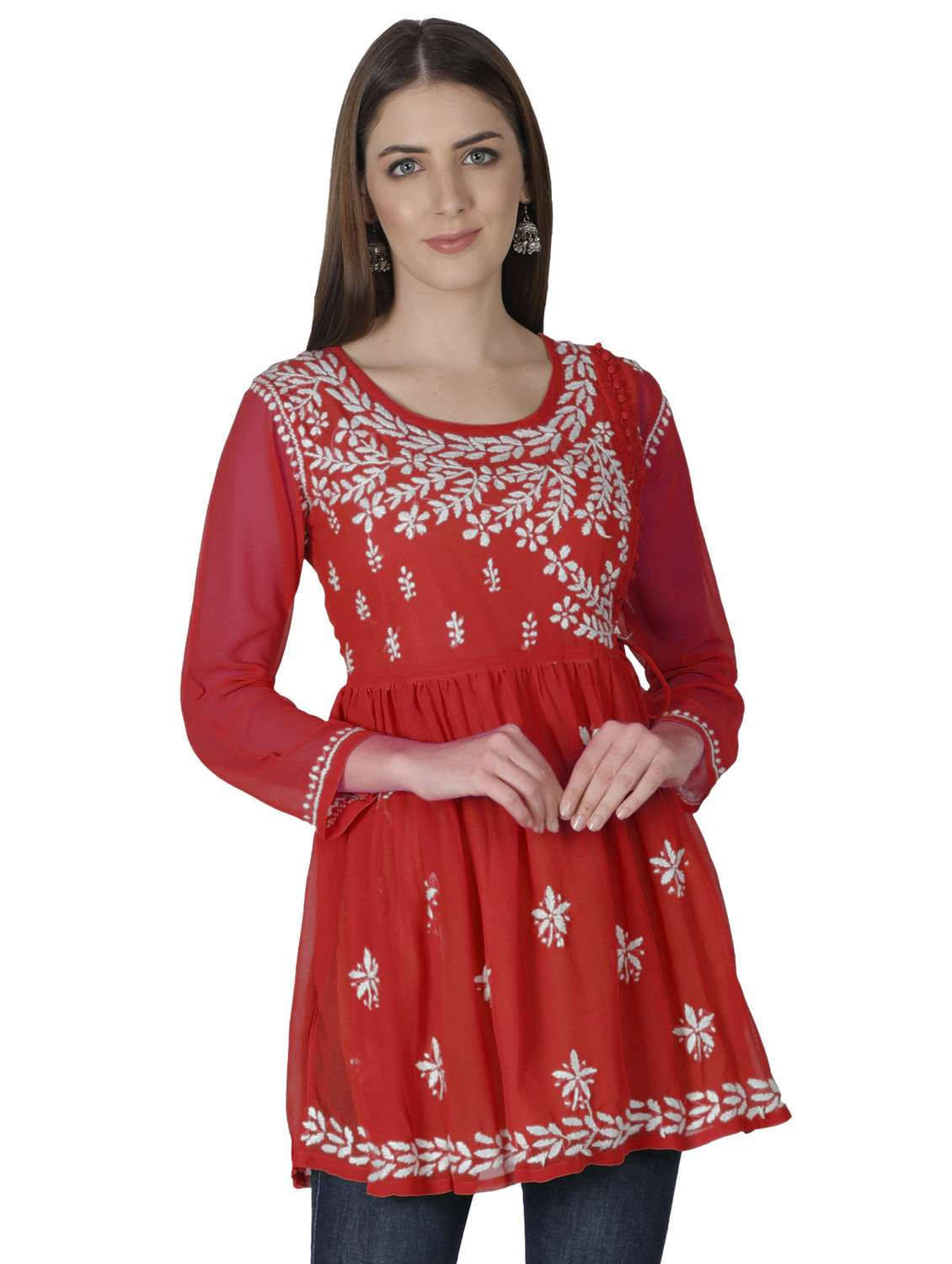 red round neck chikankari georgette short kurti