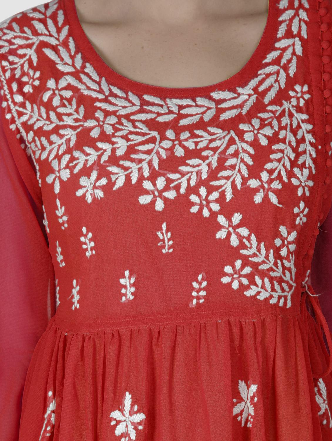 red round neck chikankari georgette short kurti - 19646567 - Standard Image - 5
