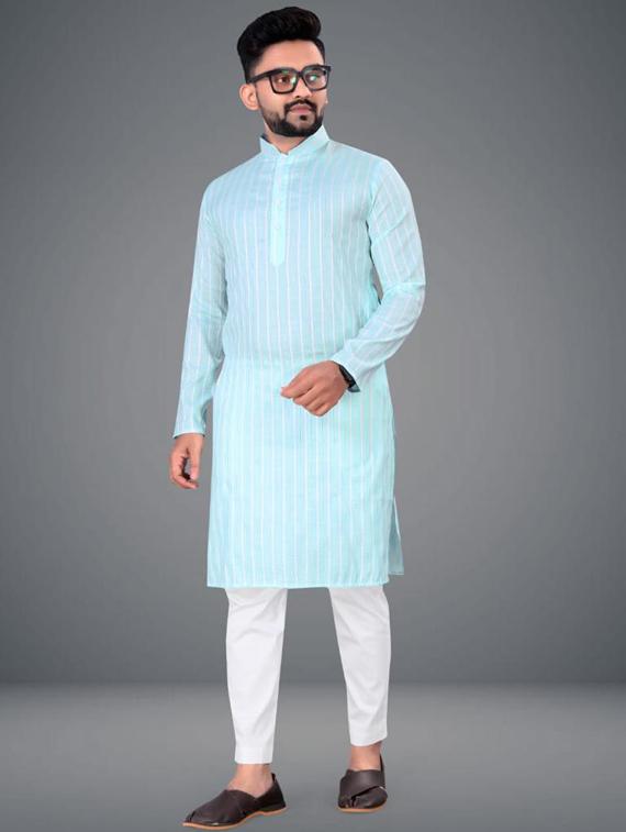 light blue striped long kurta - 19646573 - Zoom Image - 0