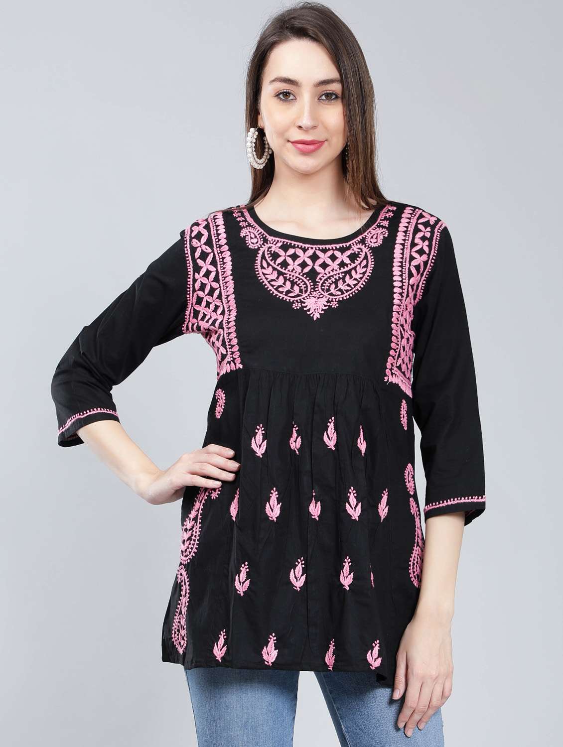 round neck chikankari cotton short kurti