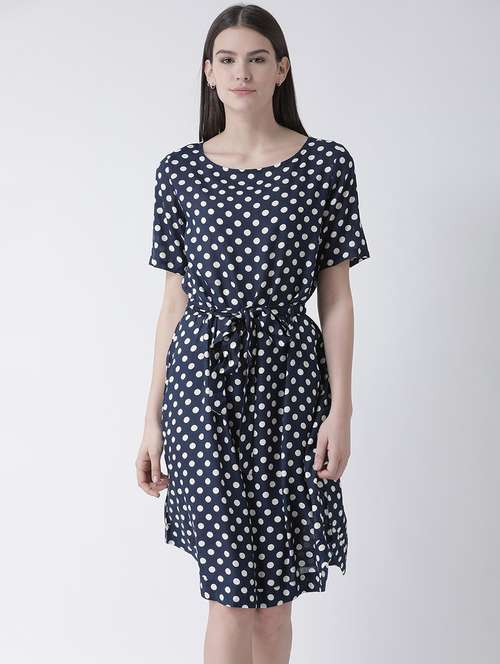 women boat neck printed fit & flare dress with belt - 19650343 - Standard Image - 0