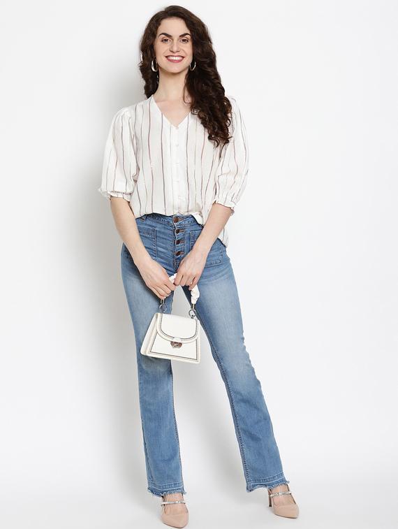puff sleeves v neck striped regular top - 19650683 - Standard Image - 3