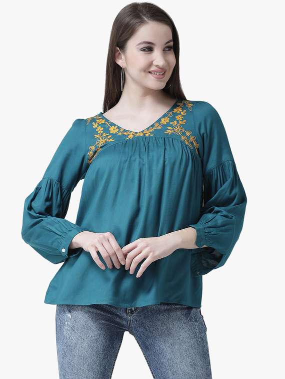 teal self design v neck top - 19650699 - Zoom Image - 0