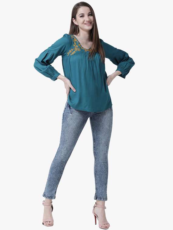 teal self design v neck top - 19650699 - Standard Image - 3