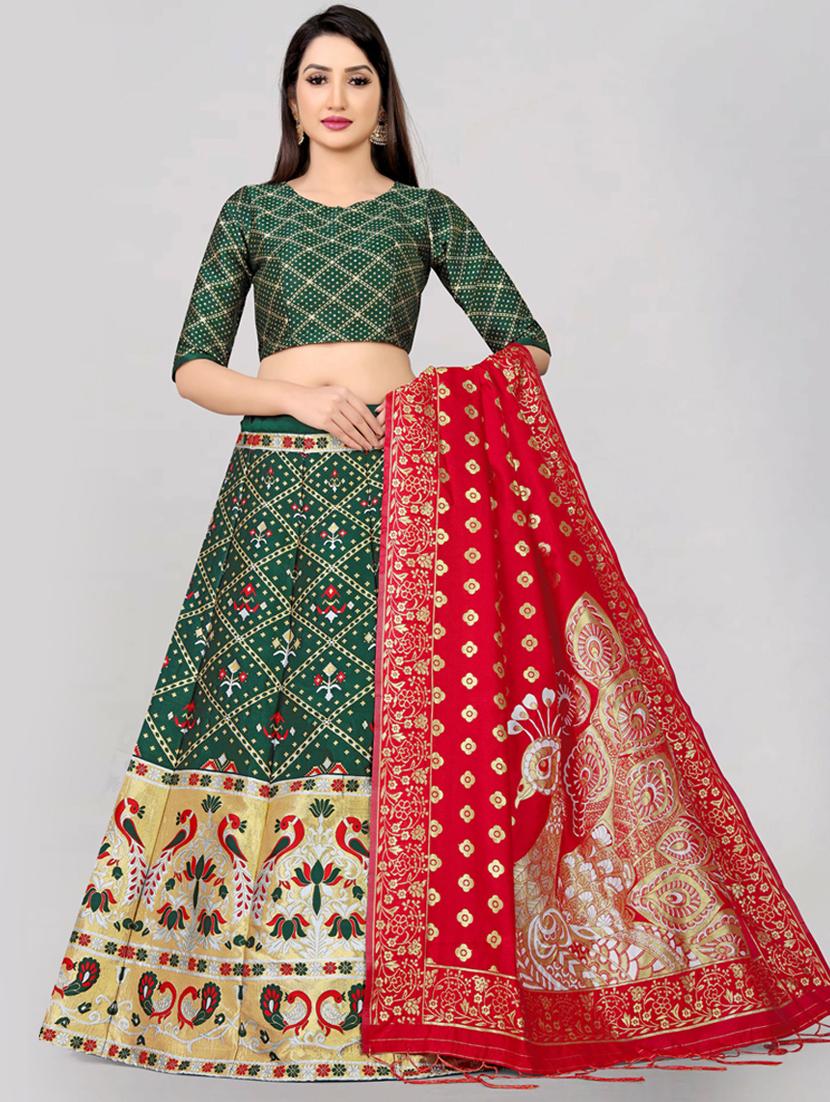 bottle green cotton blend flared lehenga - 19661460 - Zoom Image - 0