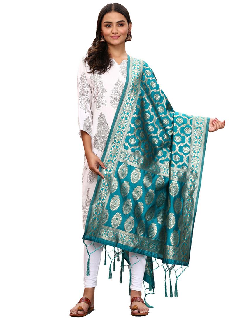 turquoise jaquard dupatta - 19661812 -  Zoom Image - 0