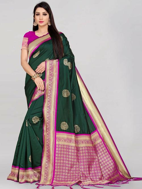 block print woven contrast border saree with blouse - 19661848 - Standard Image - 0
