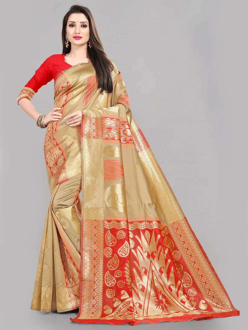 foil print woven golden saree with blouse - 19662004 - Zoom Image - 0